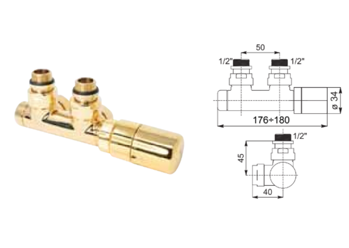 Elegant Gold Stainless Steel - Square with Pipe Centers 50mm and Thermostatic Head (Right)